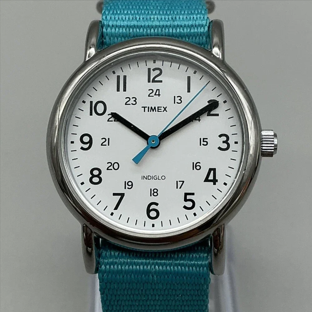 Timex T2N836 Womens Watch 31mm White Dial Blue Nylon Indiglo 30M New Battery